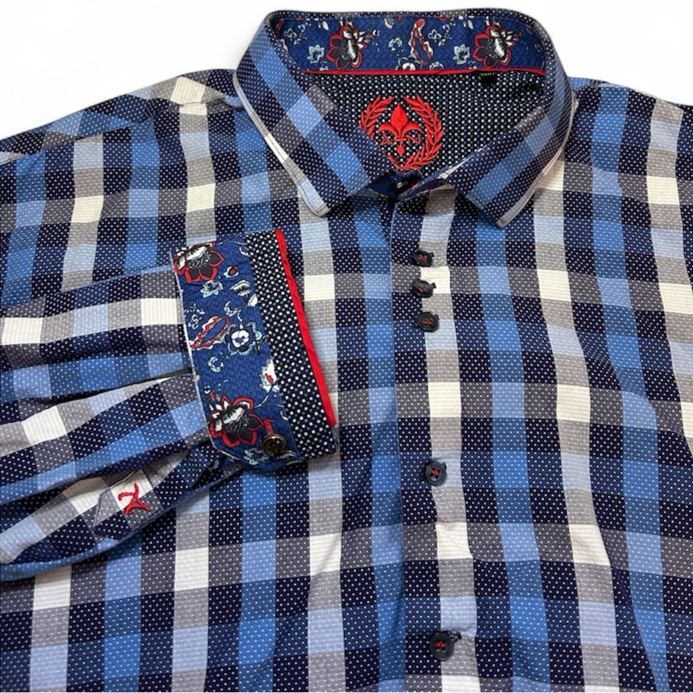 Au Noir Mens Blue‎ and White Button Down Checkered Shirt size 2XL Flip Cuff